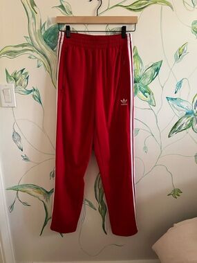 adidas Red Jogger Pants with White Three-Stripes